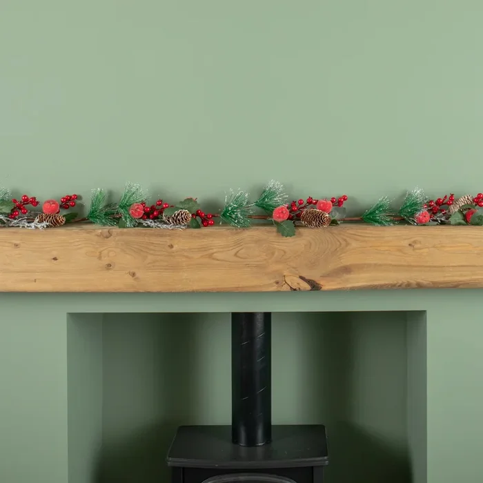 1.5m (150cm) Christmas Garland with Red Berries, Frosted Apples and Pinecones