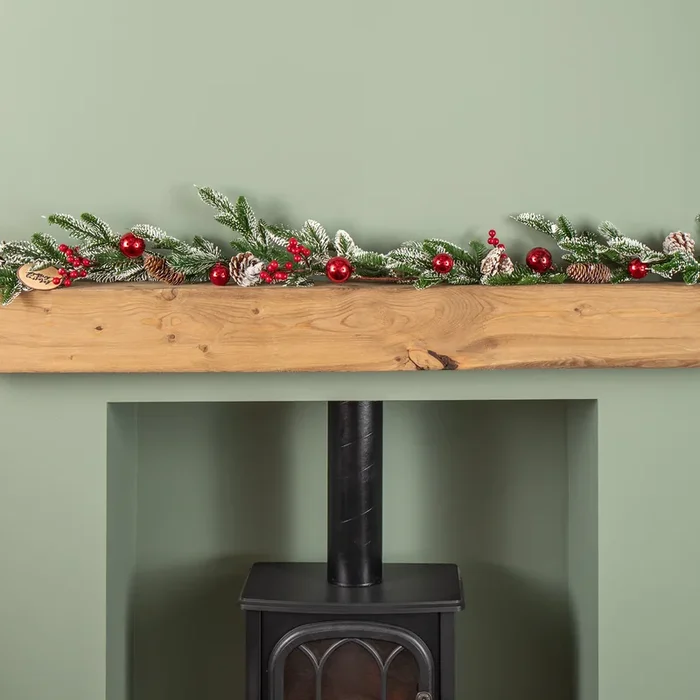 1.9m Christmas Frosted Pinecone Garland with Red Berries and Baubles