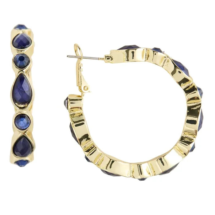 14k Gold Plated and Black Glass Medium Hoop Earrings