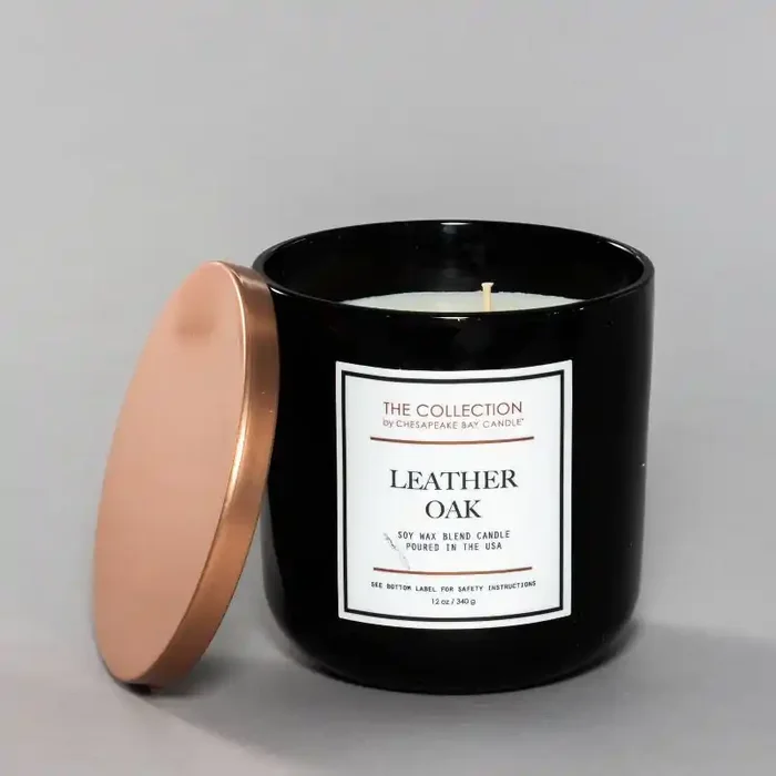 2-Wick Black Glass Leather Oak Lidded Jar Candle 12oz – The Collection by Chesapeake Bay Candle