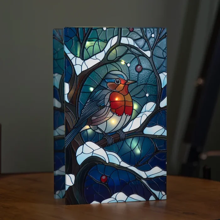 21cm Battery Operated Light up Stained Glass Christmas Decoration with Robin Scene & Warm White LEDs
