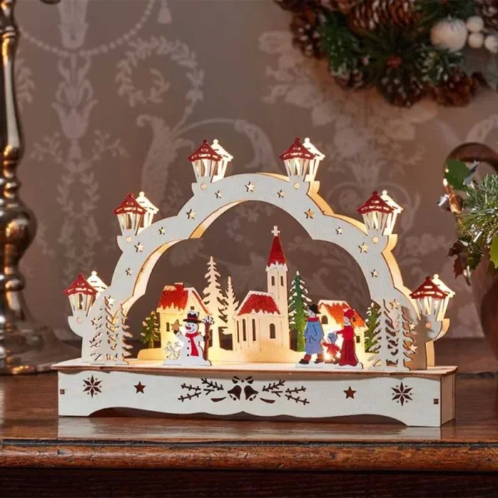 28cm Battery Operated Wooden Christmas Festive Village with LEDs