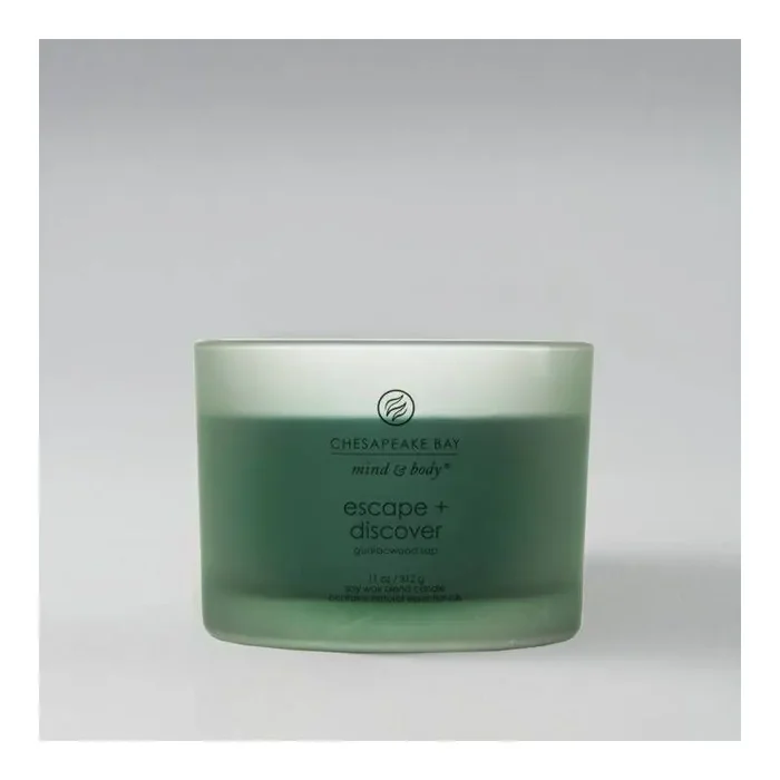 3-Wick Frosted Glass Escape + Discover Lidded Jar Candle Green 11oz – Mind & Body by Chesapeake Bay Candle Soy Wax Blend, Essential Oils