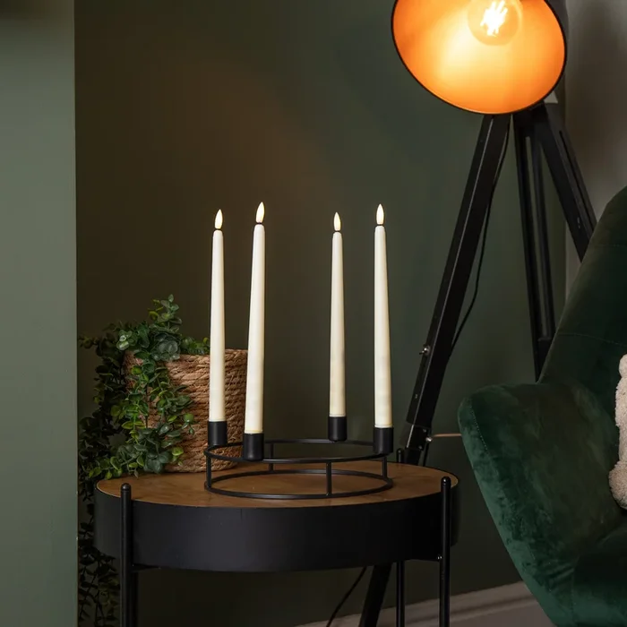 34cm Black Metal Candle Ring Holder with 4 Battery Powered LED Taper Candles