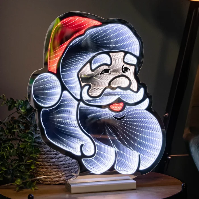 40cm Infinity Santa’s Head Christmas Decoration on Wooden Base with Red & White LEDs