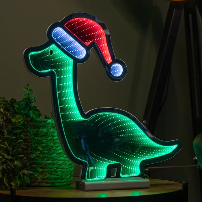 40cm Light up Christmas Dinosaur with Santa Hat Infinity Decoration with LEDs