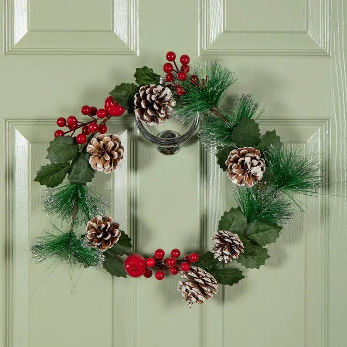 45cm Hanging Christmas Wreath with Red Berries and Frosted Pinecones