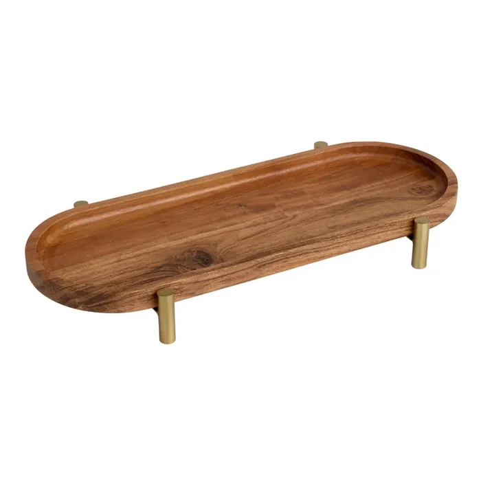 Acacia Wood And Gold Metal Pedestal Serving Tray