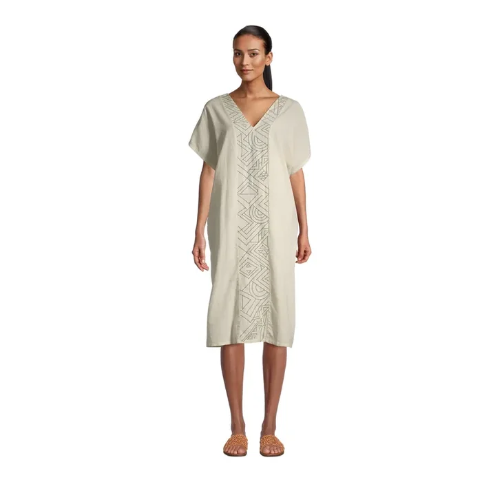 Agave Cream And Green Geo Embroidered Kaftan Dress