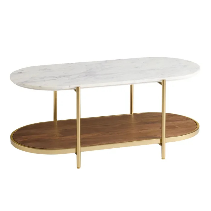 Amherst Oval White Marble and Wood Coffee Table with Shelf