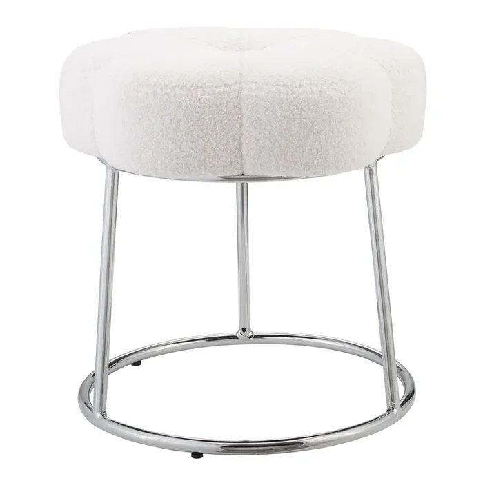 Angelina White Sherpa Flower Upholstered Stool