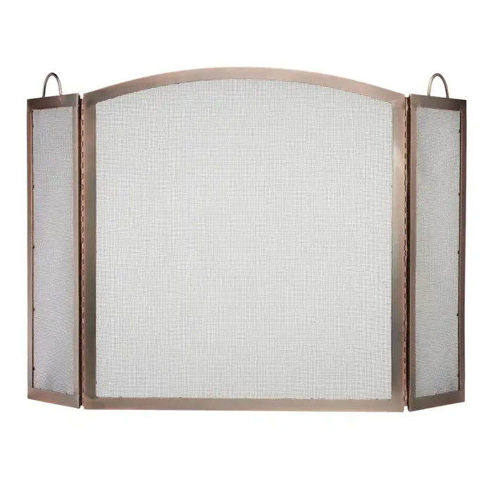 Antique Copper Mesh Arched 3 Panel Folding Fireplace Screen