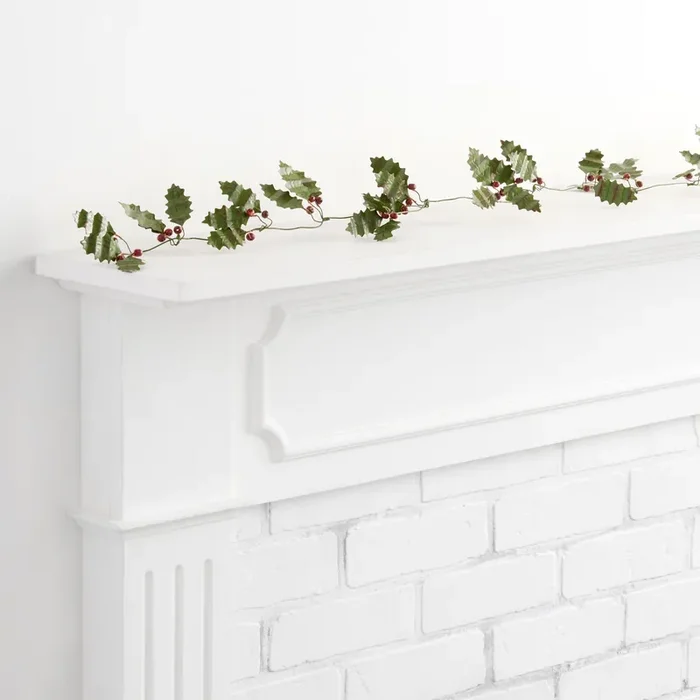 Antique Green and Red Metal Holly Garland