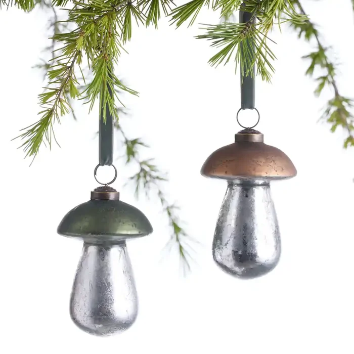 Antiqued Glass Mushroom Ornaments Set Of 2