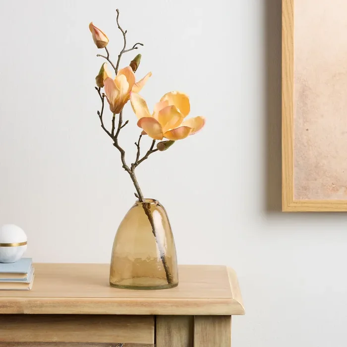 Apricot Faux Magnolia Spray with Brown Glass Vase