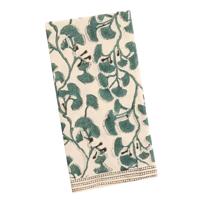 Aqua and Gray Ginkgo Leaf Block Print Kitchen Towel