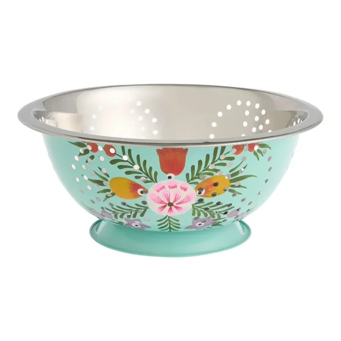 Aqua Stainless Steel Floral Hand Painted Colander