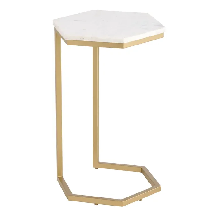 Auburn White Marble and Gold Metal Hexagon Side Table