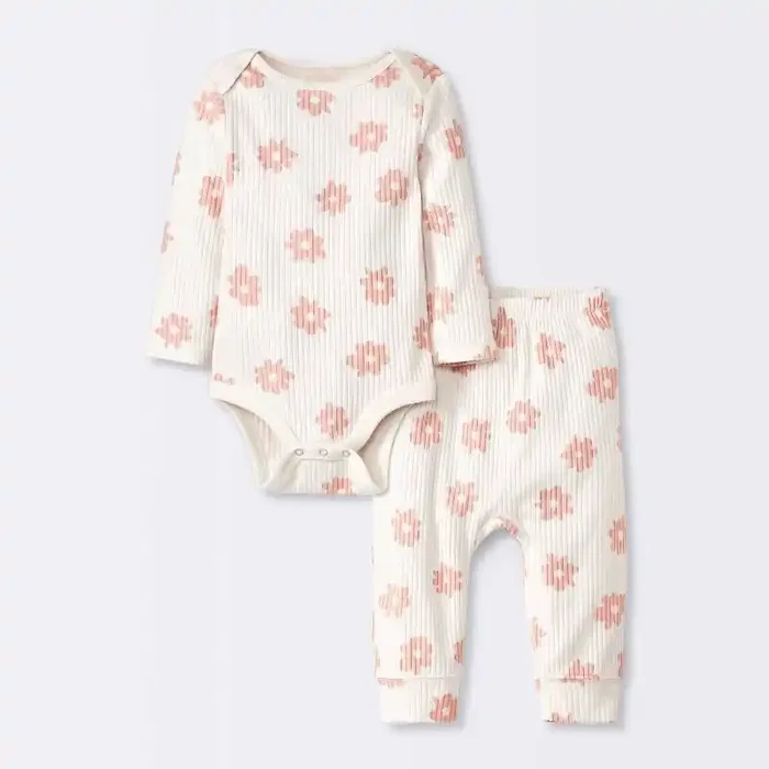 Baby 2pc Floral Wide Ribbed Top & Bottom Set – Cloud Island™ Cream 0-3M Cotton, Crotch Snap, Elastic Waistband