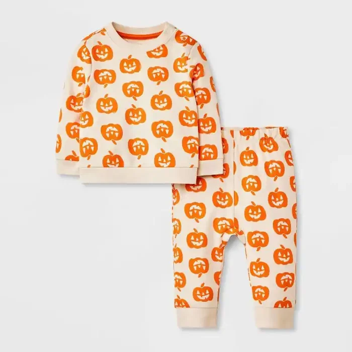 Baby 2pc Halloween Pumpkin French Terry Sweatshirt & Jogger Pants Set – Cat & Jack™ Cream 6M