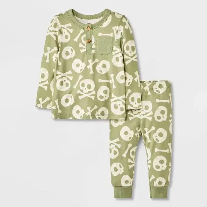 Baby 2pc Halloween Skull & Bones Long Sleeve T-Shirt & Jogger Set – Cat & Jack™ Green 12M