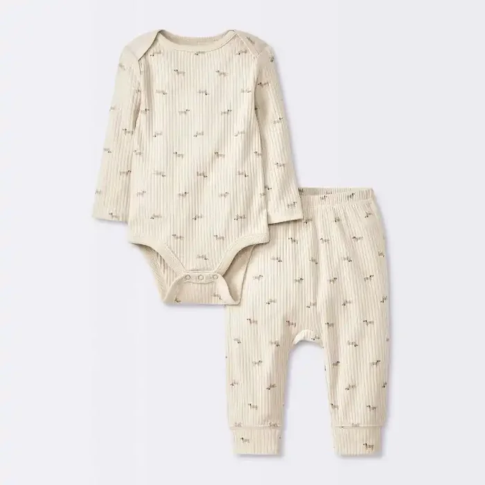 Baby 2pc Weiner Dogs Wide Ribbed Top & Bottom Set – Cloud Island™ Khaki 3-6M Cotton, Crotch Snap