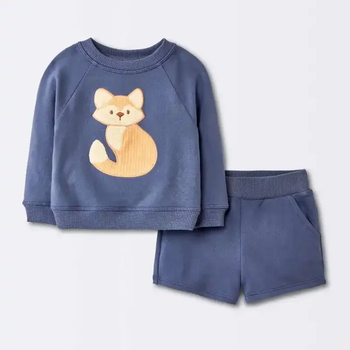 Baby Boys‘ 2pc Fox Applique Sweatshirt & Shorts Set – Cloud Island™ Navy Blue 3-6M