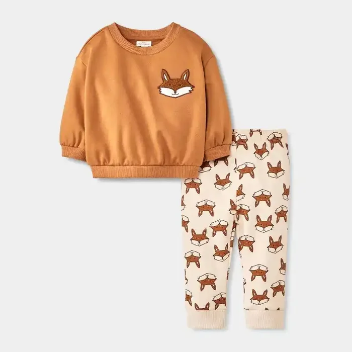 Baby Boys‘ 2pc Fox Fleece Sweatshirt & Jogger Pants Set – Cat & Jack™ Brown 6-9M