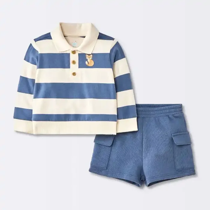 Baby Boys‘ 2pc Fox Striped Polo Shorts Set – Cloud Island™ Navy Blue 0-3M