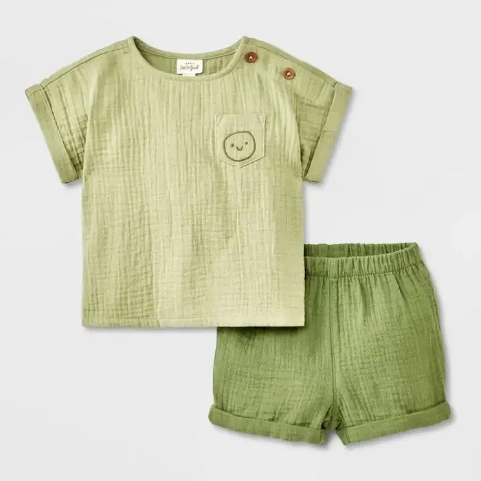 Baby Boys‘ 2pc Smiley Embroidered Pocket Gauze Shorts Set – Cat & Jack™ Green 3-6M