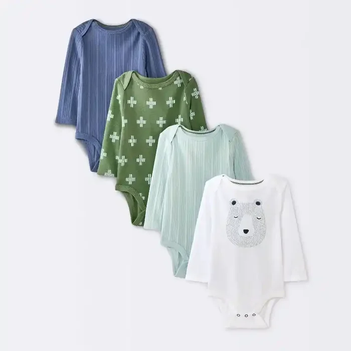 Baby Boys‘ 4pk Bear Long Sleeve Bodysuits – Cloud Island™ Ivory/Blue/Green Newborn