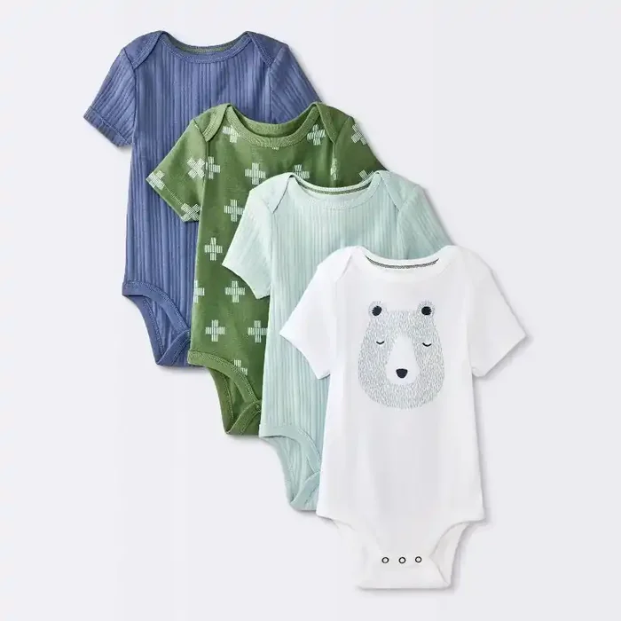 Baby Boys‘ 4pk Bear Short Sleeve Bodysuits – Cloud Island™ Ivory/Blue/Green 6-9M