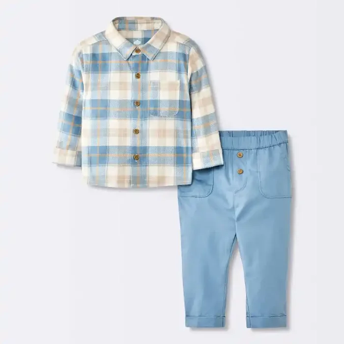 Baby Boys‘ Flannel Button-Down Top & Pants Set – Cloud Island™ Blue 12M