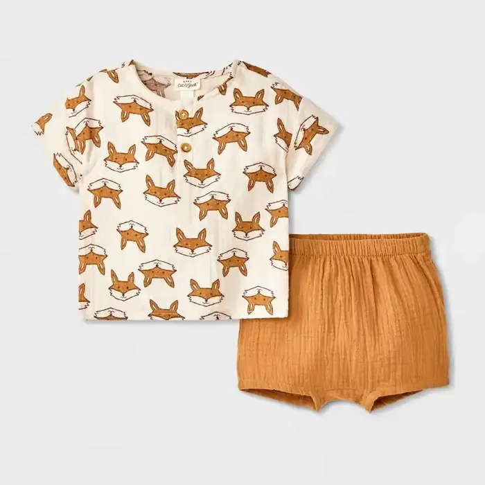 Baby Boys‘ Fox Printed Henley Gauze Shorts Set – Cat & Jack™ Cream 12M