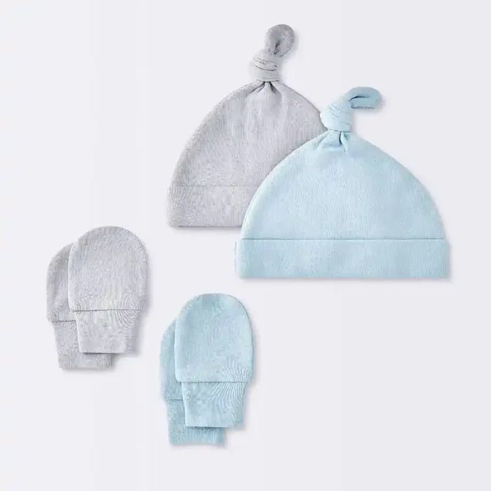 Baby Boys‘ Hat and Mitten Combo Bonnets – Cloud Island™ Blue 0-3M 100% Cotton, Double-Layered, Knot Detail, Machine Washable