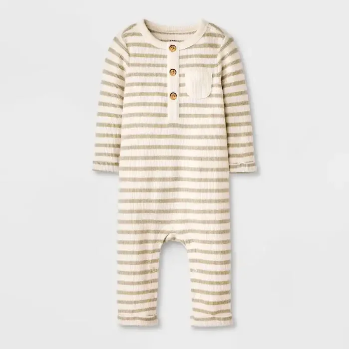 Baby Boys‘ Striped Henley Cozy Long Sleeve Romper – Cat & Jack™ Off-White 6-9M