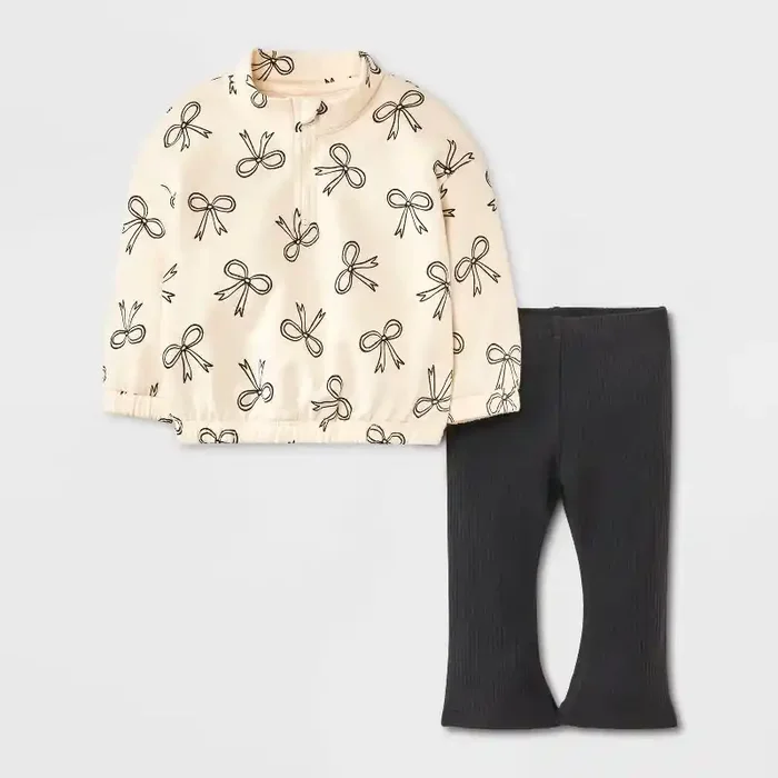 Baby Girls‘ 2pc Bow Fleece Sweatshirt & Pants Set – Cat & Jack™ Beige Newborn