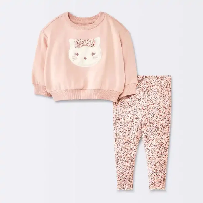 Baby Girls‘ 2pc Cat Applique Sweatshirt & Leggings Set – Cloud Island™ Pink 12M