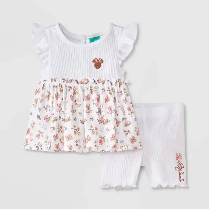 Baby Girls‘ 2pc Disney Minnie Mouse Floral Short Sleeve Shirt and Biker Shorts Set – White 6-9M