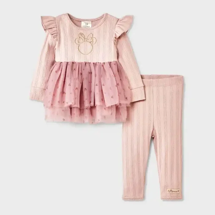 Baby Girls‘ 2pc Disney Minnie Mouse Long Sleeve Tulle Dress and Leggings Set – Pink 0-3M