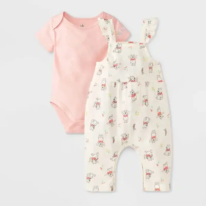 Baby Girls‘ 2pc Disney Winnie The Pooh Overalls & Bodysuit Set – White/Pink 3-6M