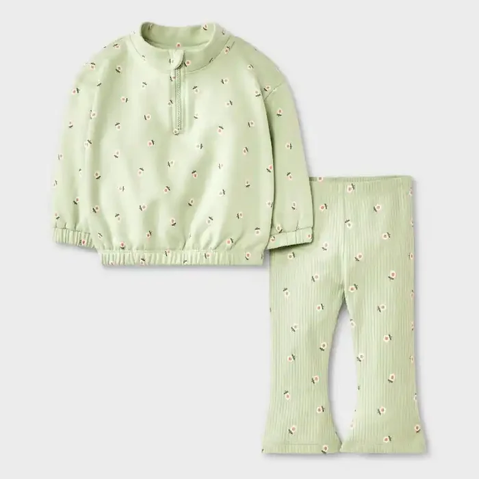Baby Girls‘ 2pc Floral Fleece Sweatshirt & Jogger Pants Set – Cat & Jack™ Mint Green 12M