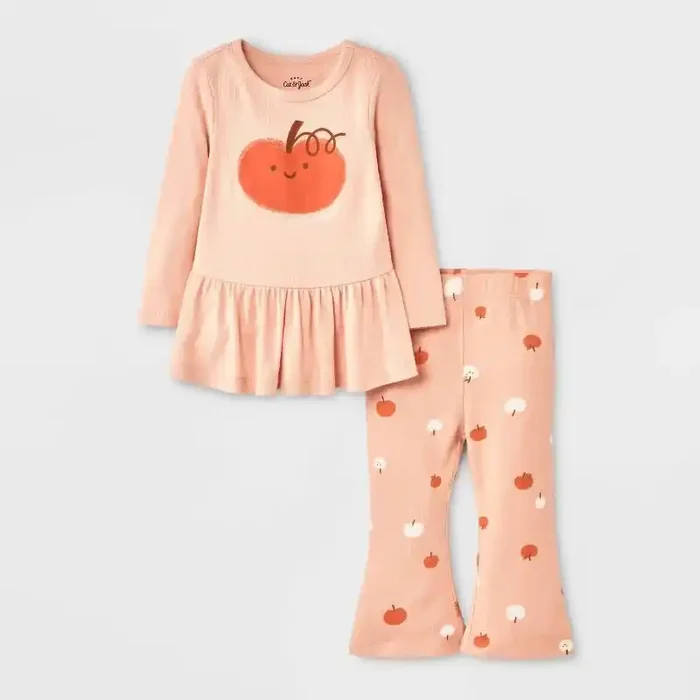 Baby Girls‘ 2pc Halloween Pumpkin Peplum Flared Leggings Set – Cat & Jack™ Peach Orange 3-6