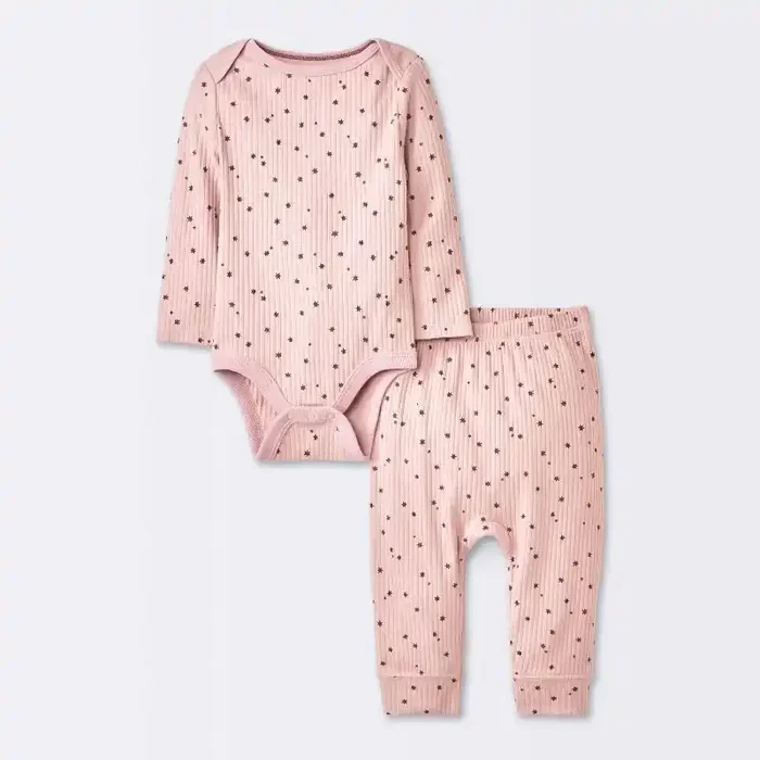 Baby Girls‘ 2pc Stars Wide Ribbed Long Sleeve Top & Pants Set – Cloud Island™ Pink Newborn
