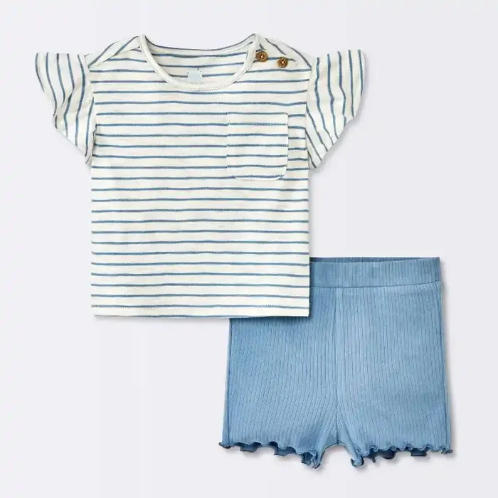 Baby Girls‘ 2pc Striped Pocket T-Shirt & Bike Shorts Set – Cloud Island™ Blue 12M