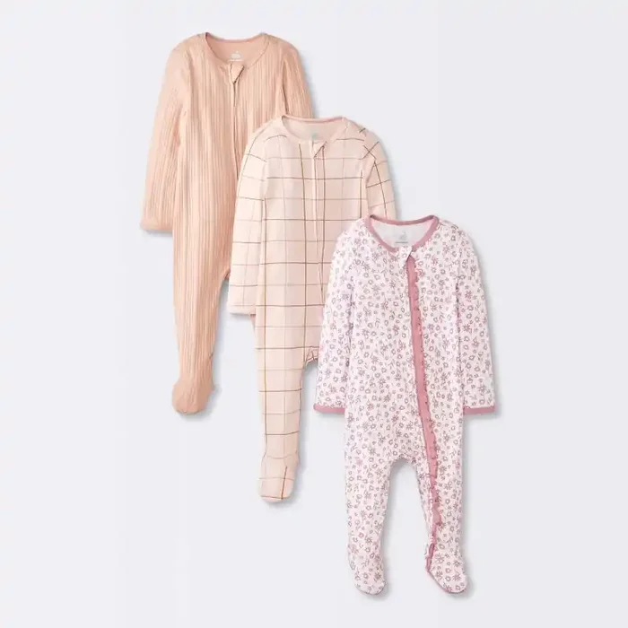 Baby Girls‘ 3pk Floral Sleep N‘ Play – Cloud Island™ Peach 6-9M