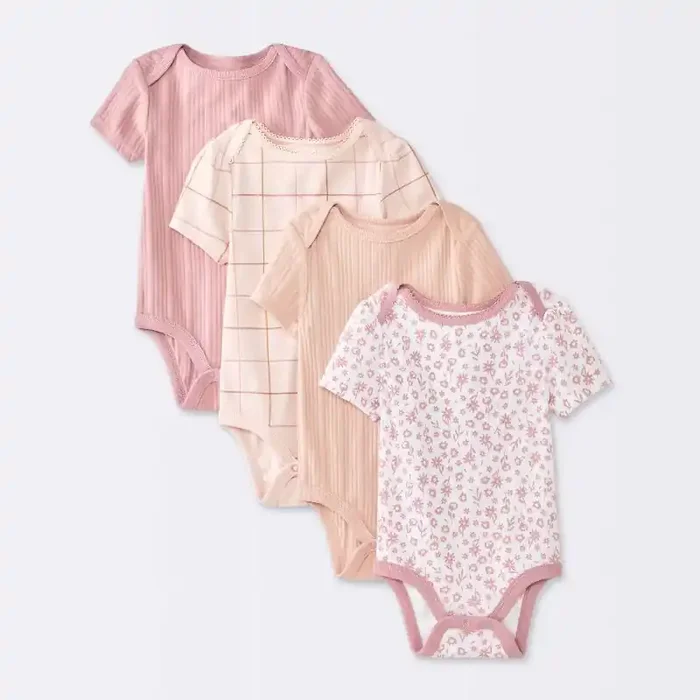 Baby Girls‘ 4pk Floral Short Sleeve Bodysuits – Cloud Island™ Peach/Pink 3-6M