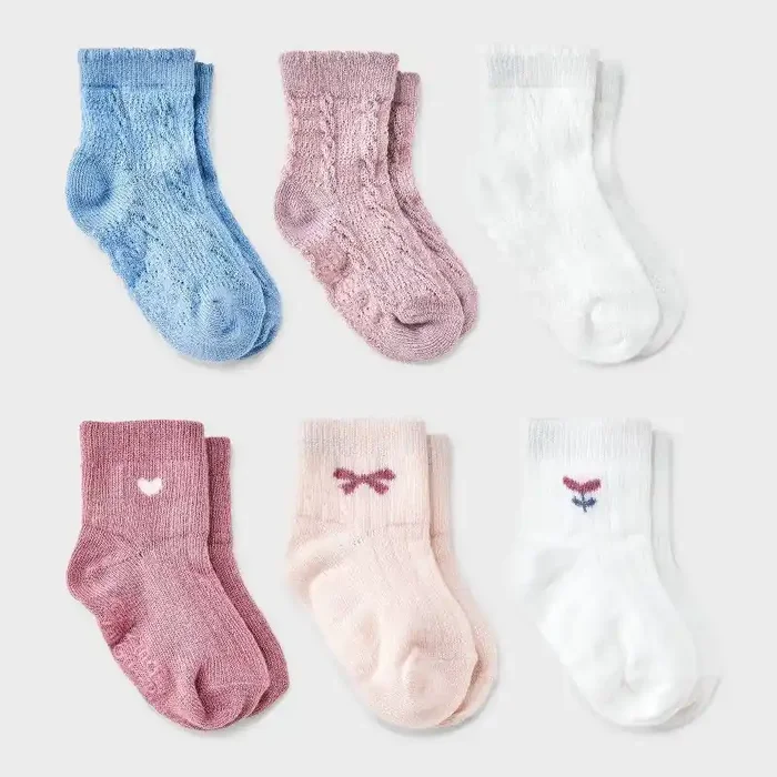Baby Girls‘ 6pk ‘Tulip‘ Low-Cut Socks – Cat & Jack™ 6-12M Midweight Knit, Rib Cuffs, Classic Jacquard