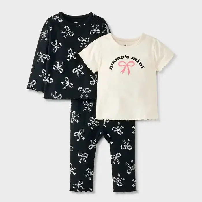 Baby Girls‘ Bow 3pc Top & Bottom Set – Cat & Jack™ Black/Cream 3-6M