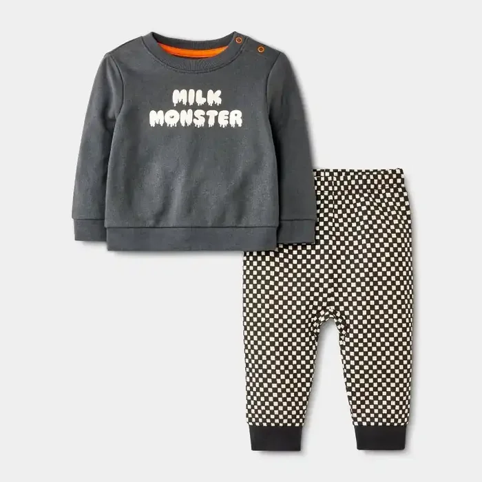 Baby Halloween Checkered Milk Monster French Terry Sweatshirt & Jogger Pants Set – Cat & Jack™ Black Newborn
